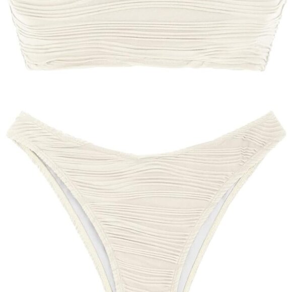 Women Strapless Textured Bandeau Bikini 2 Piece Swimwear in Beige, Small - Picture 2 of 7